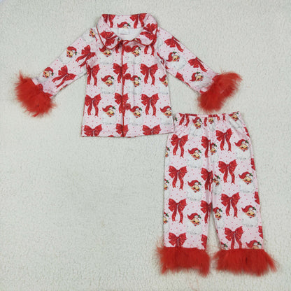 Mama and Me Red Bows Santa Button Top Pants Christmas Fur Pajamas Sets