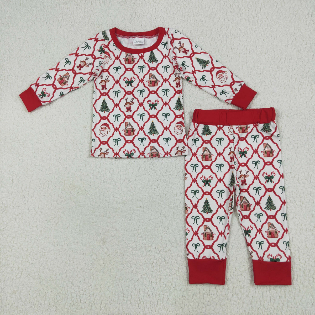 Family Sibling Baby Kids Christmas Red Bows Santa Trees Checked Clothes Sets Rompers Blanked