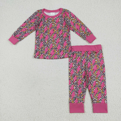 Sibling Baby Girls Western Pink Lightning Leopard Rompers Pajamas