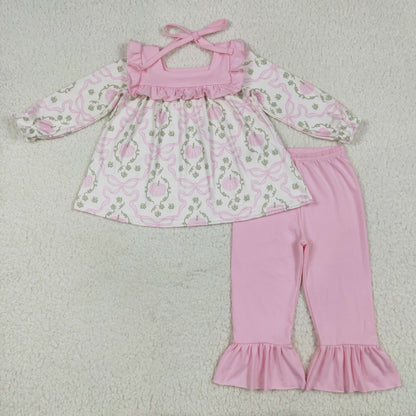 Sibling Baby Girls Long Sleeves Colorful Floral Bows Plaid Tunic Ruffle Pants Sets
