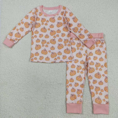 Sibling Baby Girls Pink Bows Pumpkins Rompers Pajamas Sets