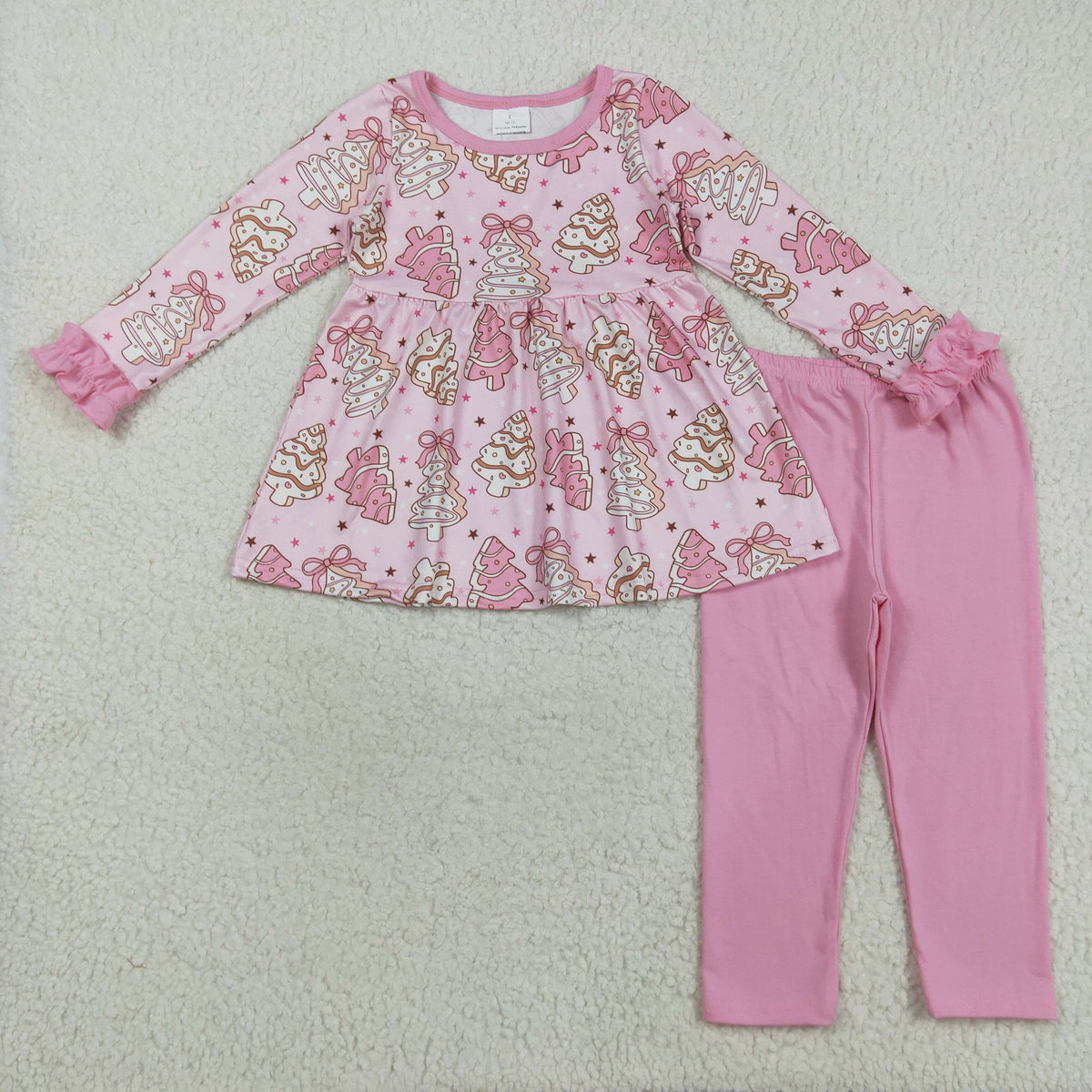 GLP2471 Baby Girls Long Ruffle Sleeve Stripe Trees Stars Tunic Leggings Christmas Clothes Set