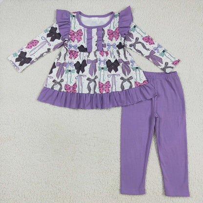 Sibling Baby Girls Purple Bows Pajamas Rompers Outfits Sets