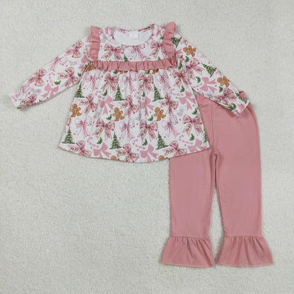 Sibling Baby Girls Pink Bows Gingerbread Trees Top Pants Christmas Pajamas Clothes Sets