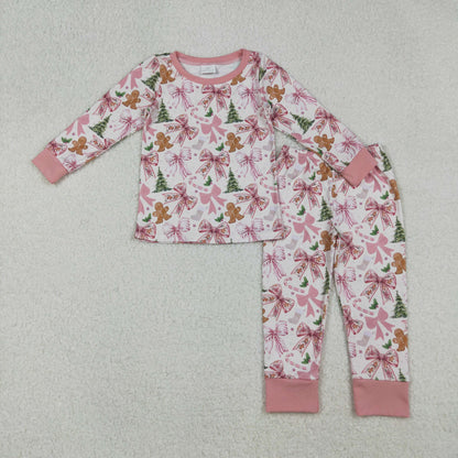 Sibling Baby Girls Pink Bows Gingerbread Trees Top Pants Christmas Pajamas Clothes Sets