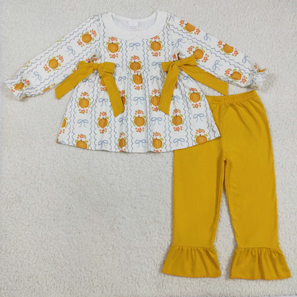 Sibling Baby Girls Flowers Pumpkins Button Pockets Tunic Ruffle Pants Fall Clothes Sets