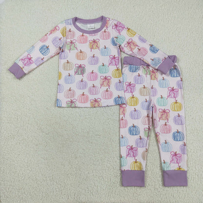 Sibling Baby Kids Colorful Bows Pumpkins Fall Pajams Sets Zipper Footie Rompers