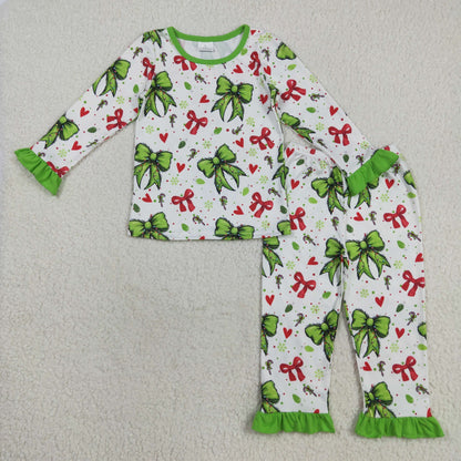Sibling Baby Girls Christmas Long Sleeves Bows Holly Boots Top Pant Pajamas Sets