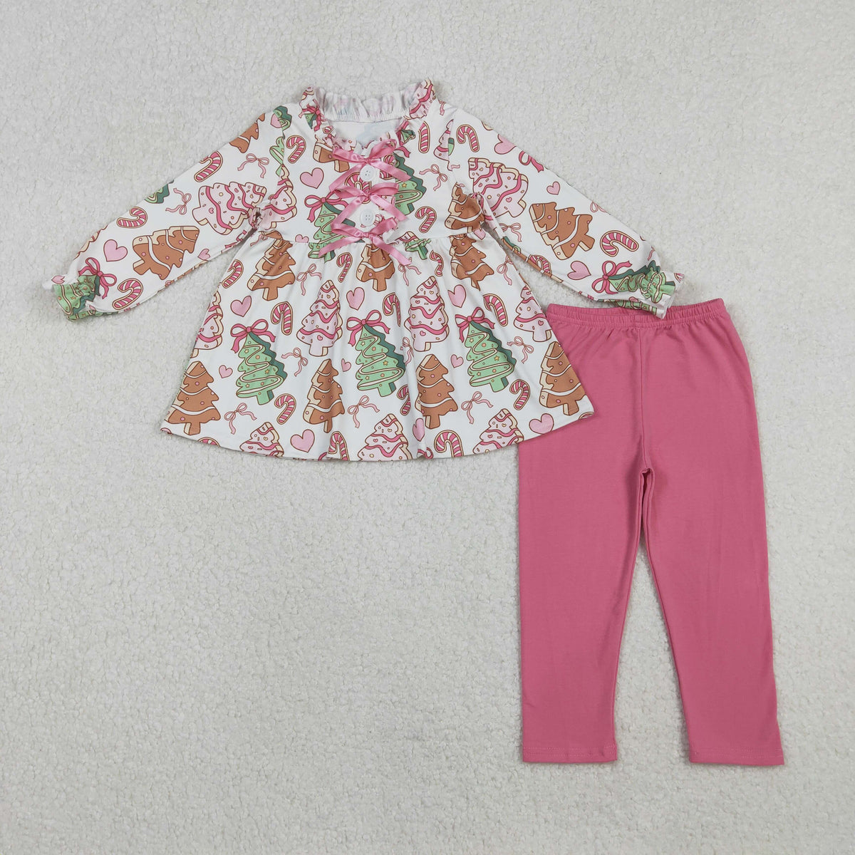 GLP2629 Baby Girls Trees Candy Cane Bows Button Tunic Leggings Christmas Clothes Sets