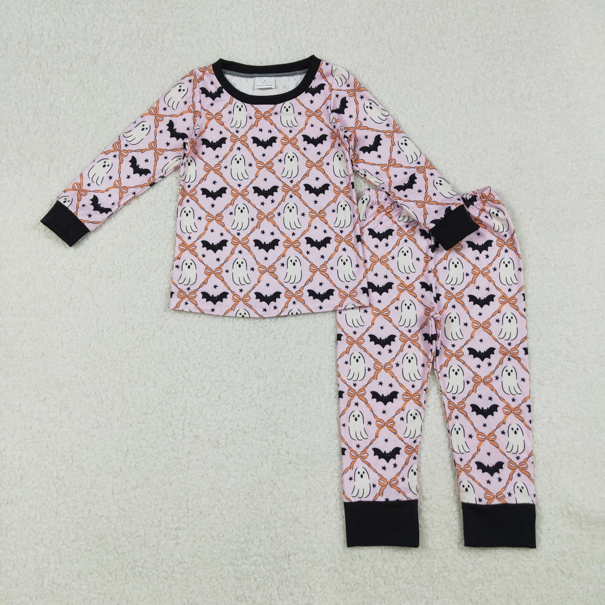 GLP2639 Baby Girls Bats Ghosts Checked Top Pants Halloween Pajamas Sets