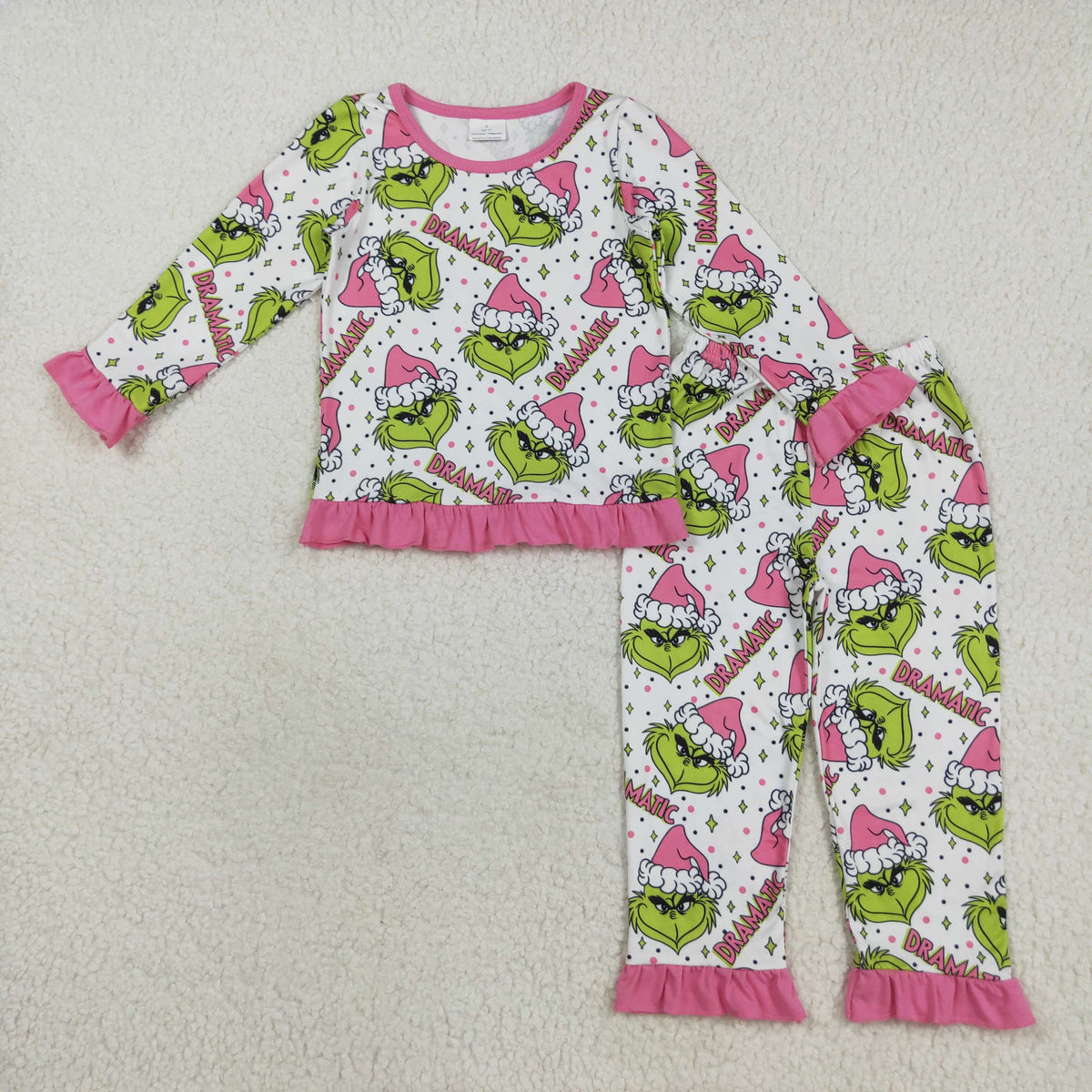 Sibling Baby Girls Green Faces Dramatic Christmas Zipper Footie Rompers Pajamas Sets