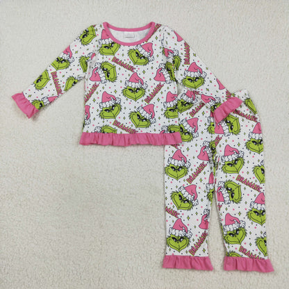 Sibling Baby Girls Green Faces Dramatic Christmas Zipper Footie Rompers Pajamas Sets