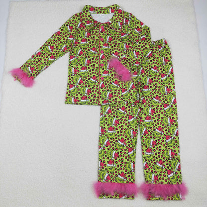 Sibling Adult Women Grin Santa Button Up Top Pants Fur Sleeve Christmas Pajamas Sets