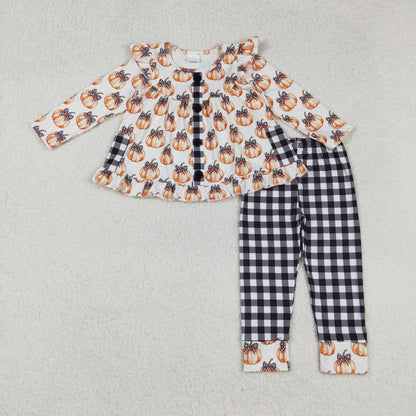 Sibling Baby Girls Flowers Pumpkins Button Pockets Tunic Ruffle Pants Fall Clothes Sets