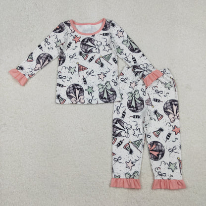 Sibling Baby Girls Happy New Year Ruffle Pants Pajamas Sets Two Way Zip Convertible Rompers