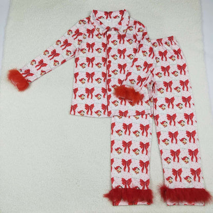 Mama and Me Red Bows Santa Button Top Pants Christmas Fur Pajamas Sets