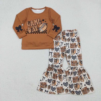 GLP2721 Baby Girls Brown Game Day Football Top Bell Bottom Pants Team Clothes Sets