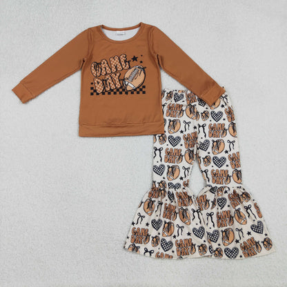 GLP2721 Baby Girls Brown Game Day Football Top Bell Bottom Pants Team Clothes Sets
