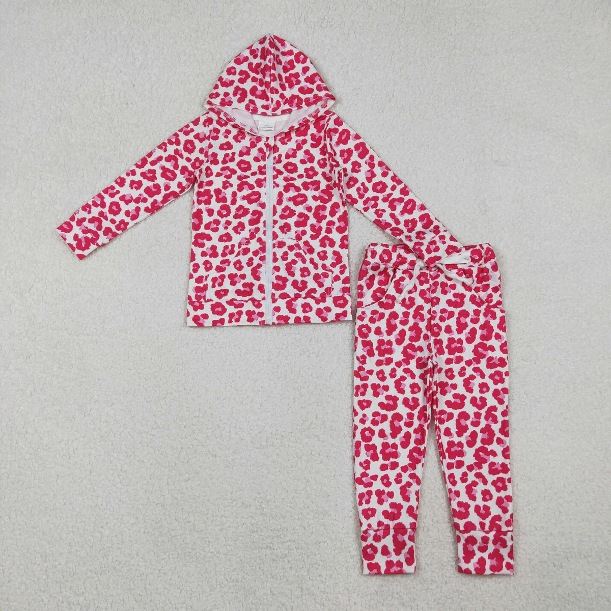 GLP2790 Baby Girls Pink Leopard Zipper Pockets Hoodies Leggings Clothes Sets