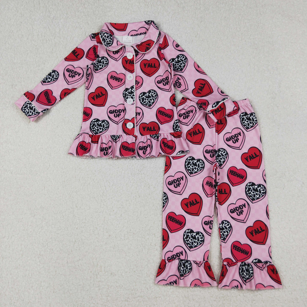 Sibling Baby Girls Valentines Hearts Button Top Pant Pajamas Sets