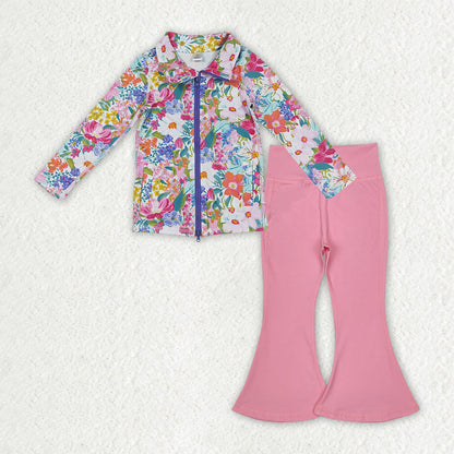 Sibling Baby Girls Long Sleeve Zipper Pockets Jackets Bell Bottom Pants Yoga Active Clothes Sets