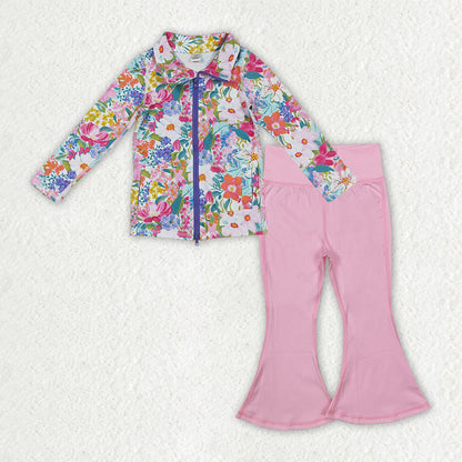 Sibling Baby Girls Long Sleeve Zipper Pockets Jackets Bell Bottom Pants Yoga Active Clothes Sets