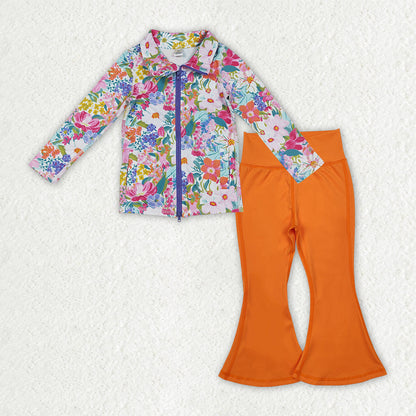 Sibling Baby Girls Long Sleeve Zipper Pockets Jackets Bell Bottom Pants Yoga Active Clothes Sets