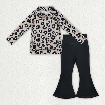 Sibling Baby Girls Long Sleeve Zipper Pockets Jackets Bell Bottom Pants Yoga Active Clothes Sets