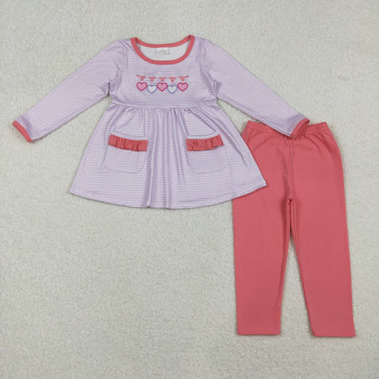 Sibling Baby Girls Embroidery Hearts Pockets Stripe Tunic Legging Pants Valentines Clothes Sets