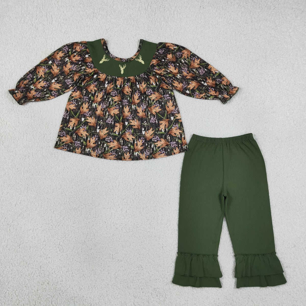 Sibling Baby Kids Embroidery Deer Leaves Camo Hunting Clothes Set Rompers