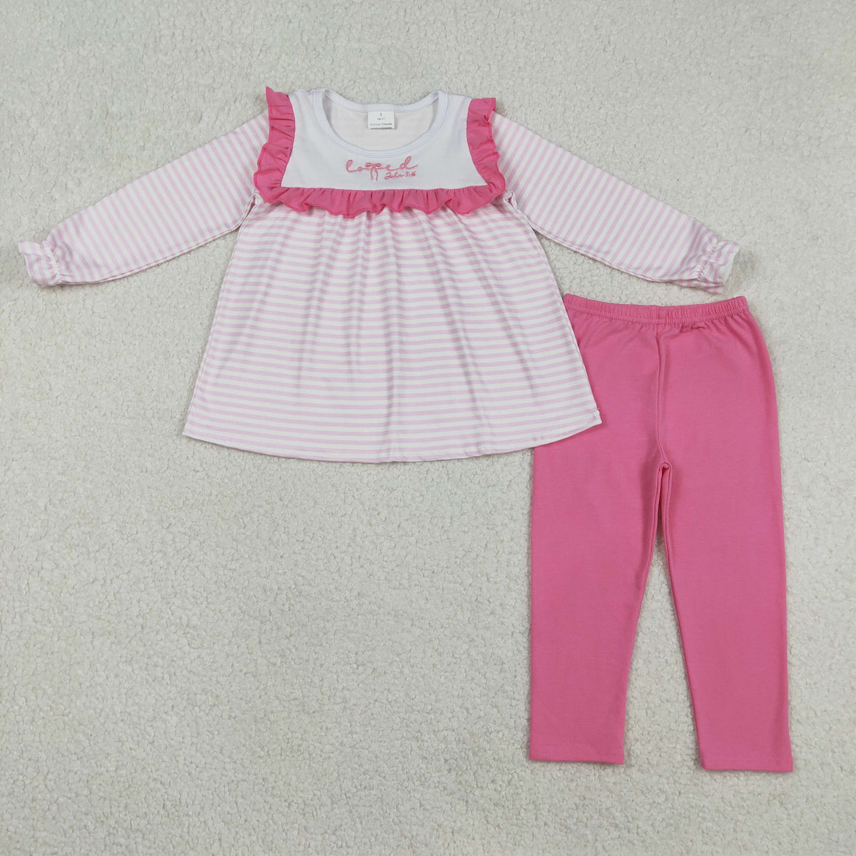 GLP2916 Baby Girls Embroidery Bows 3:16 Stripe Tunic Leggings Valentines Clothes Sets
