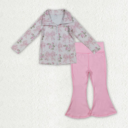 Sibling Baby Girls Long Sleeve Zipper Pockets Jackets Bell Bottom Pants Yoga Active Clothes Sets