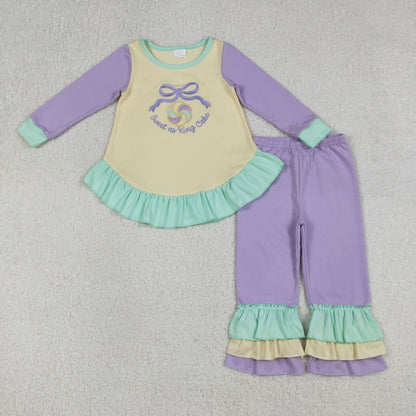 Sibling Baby Girls Embroidery Sweet as King Cake Ruffle Pants Mardigras Set Rompers