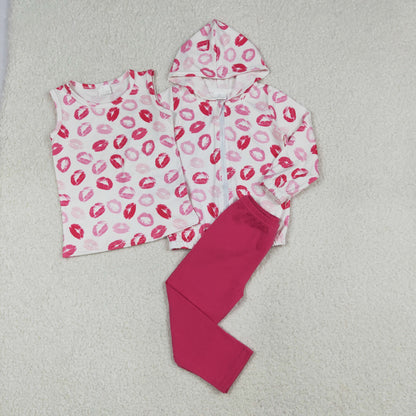 GLP3120 Baby Girls Pink Mouths Plaid Hoodies Zip Vest Top Leggings Valentines Clothes Set