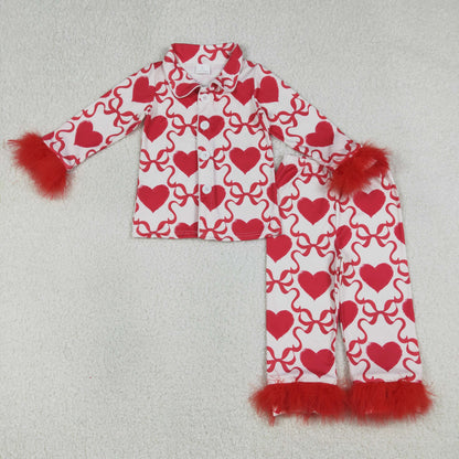 Sibling Baby Girls Bows Boots Hearts Button Top Pant Fur Pajamas Clothes Sets