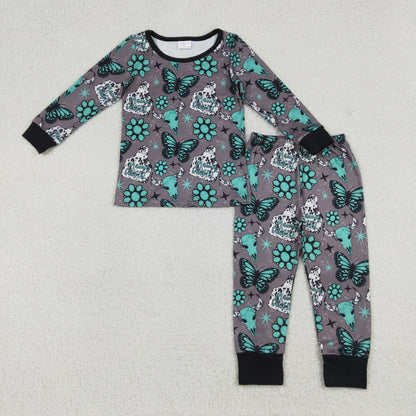 Sibling Baby Boys Girls Long Sleeve Bull Skulls Boots Hats Top Pants Western Pajamas Sets
