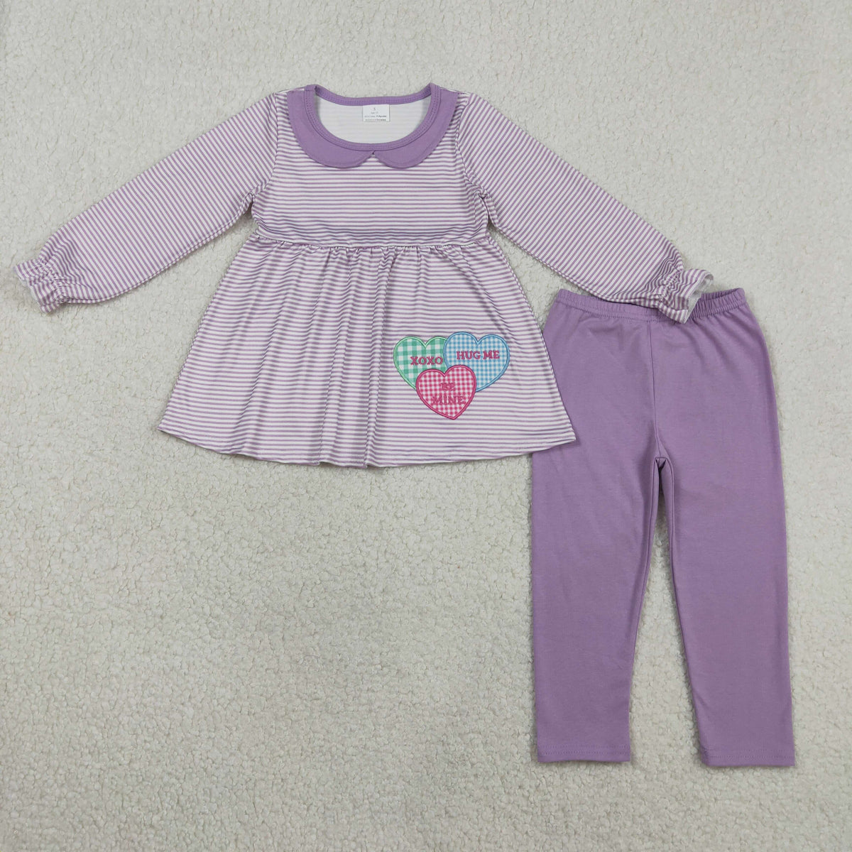 GLP3262 Baby Girls Embroidery Hearts Purple Stripe Collar Tunic Leggings Valentines Clothes Sets
