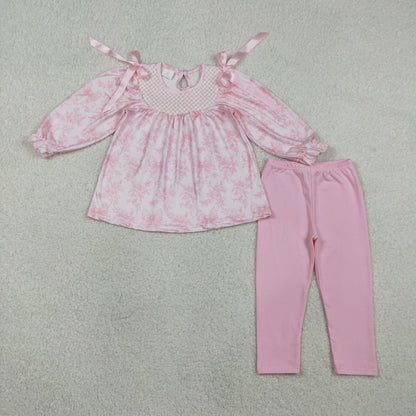Sibling Baby Girls Smocked Checked Flowers Tunic Legging Pants Clothes Set Romper