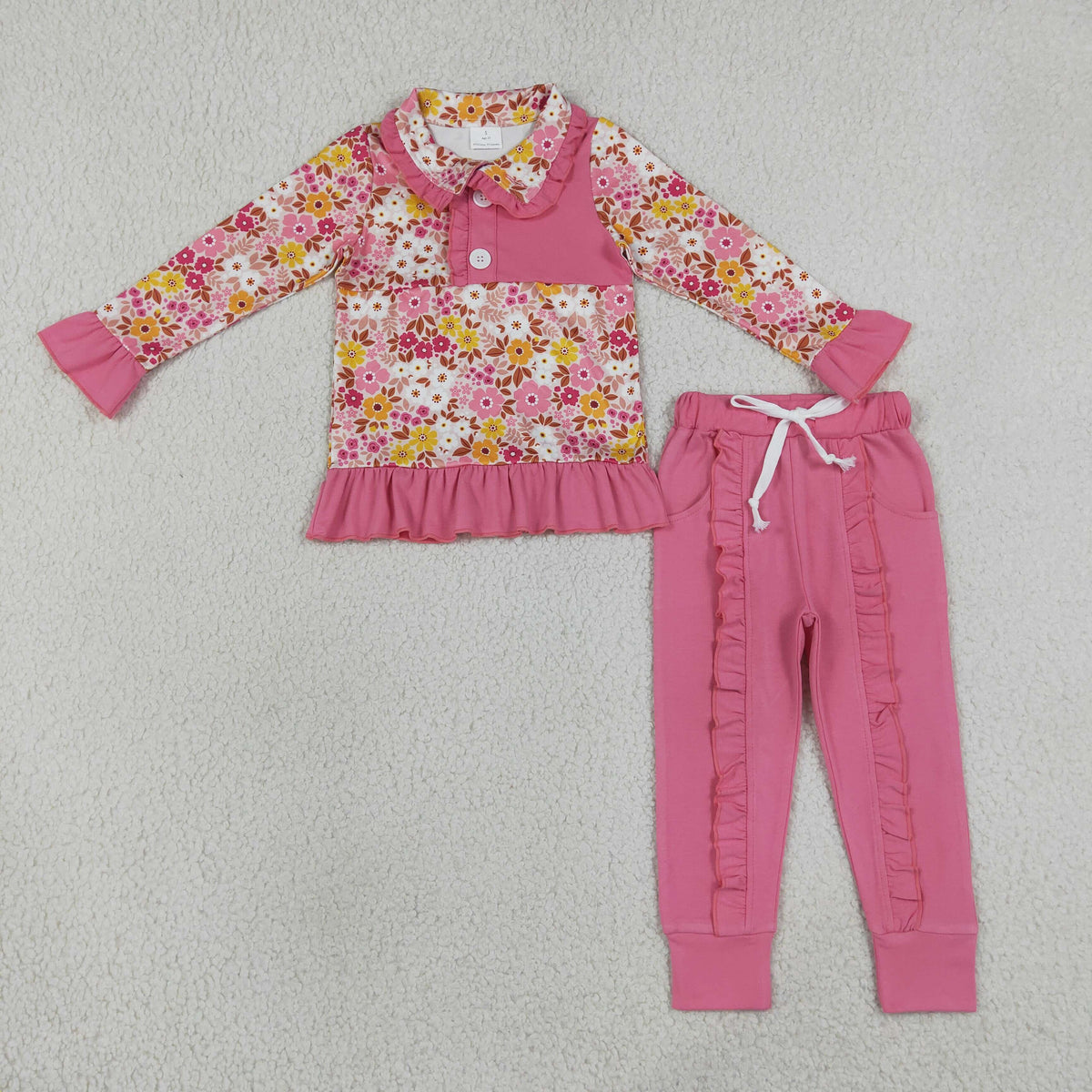 GLP3315 Baby Girls Colorful Flowers Button Pullover Pockets Joggers Fall Clothes Set