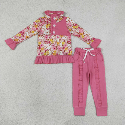GLP3315 Baby Girls Colorful Flowers Button Pullover Pockets Joggers Fall Clothes Set