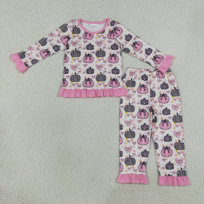 Sibling Baby Girls Bows Pumpkins Fall Pant Pajamas Set Ruffle Zip Rompers