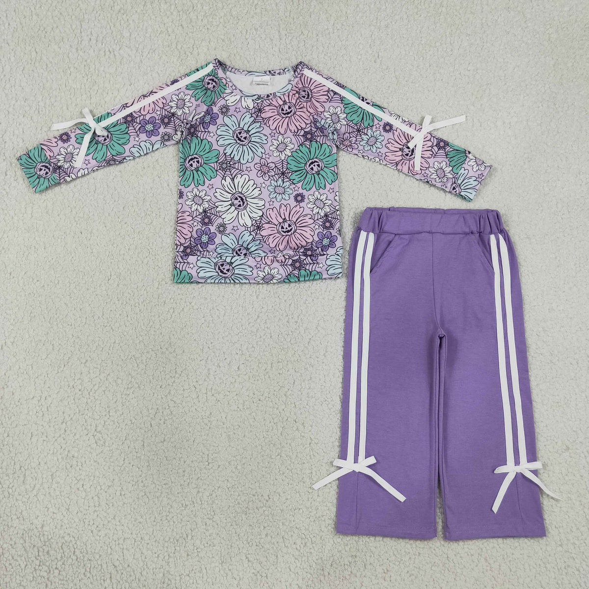 Sibling Baby Girls Long Leaves Ghost Pumpkins Deer Top Pockets Bows Pant Sets