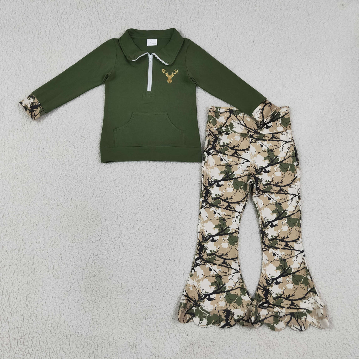 Sibling Baby Girls Deer Ducks Zip Pocket Pullovers Camo Scallop Pant Hunting Clothes Sets