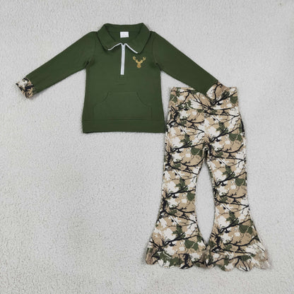 Sibling Baby Girls Deer Ducks Zip Pocket Pullovers Camo Scallop Pant Hunting Clothes Sets