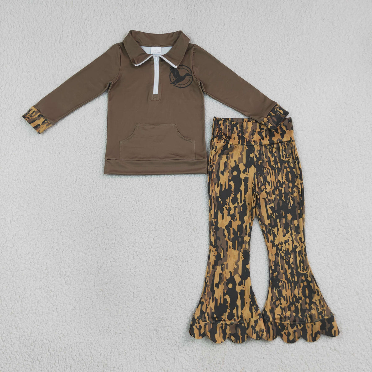 Sibling Baby Girls Deer Ducks Zip Pocket Pullovers Camo Scallop Pant Hunting Clothes Sets