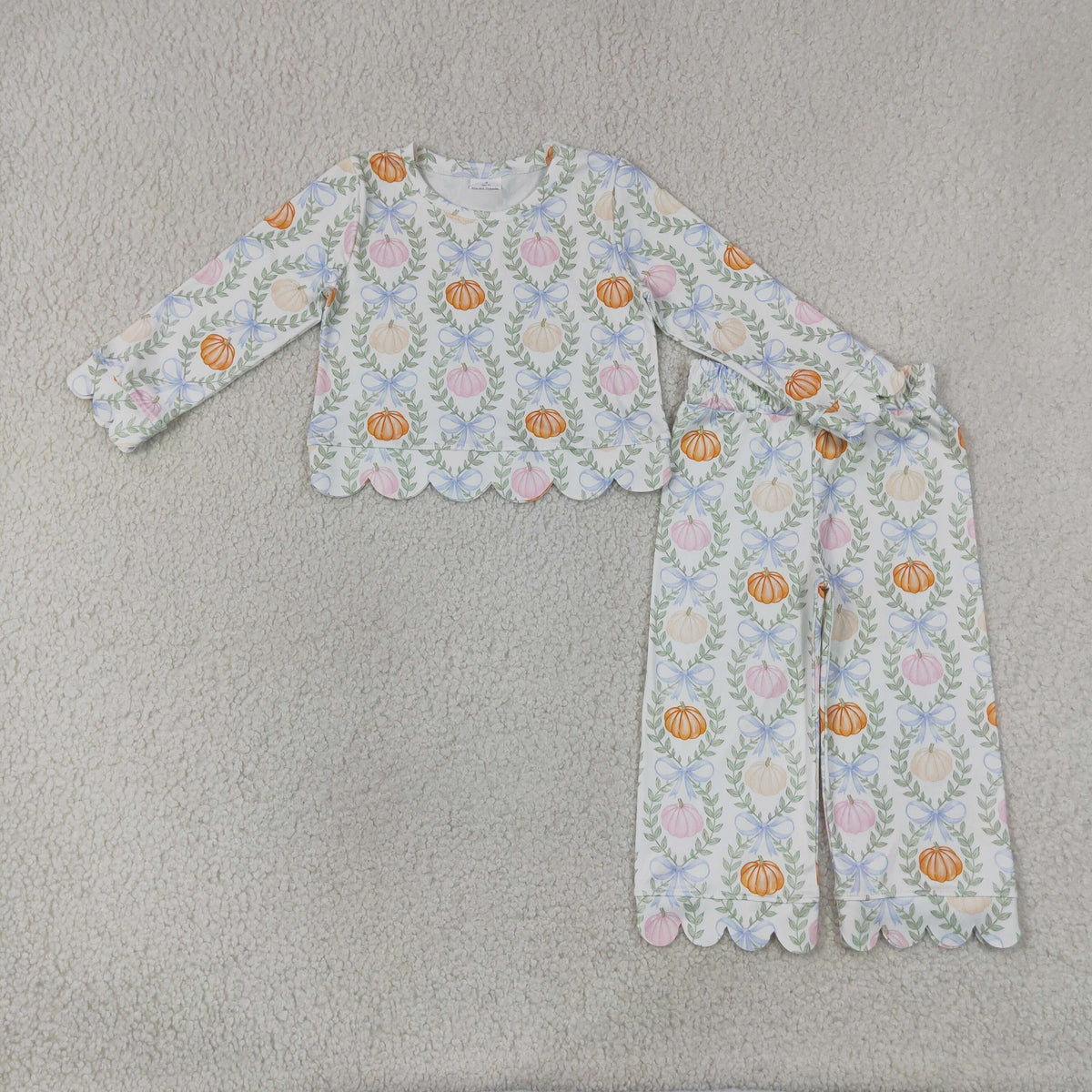 GLP3395 Baby Girls Flowers Pumpkins Checked Top Pant Fall Scallop Clothes Set