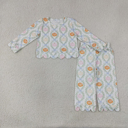 Sibling Baby Girls Pumpkins Flowers Holly Top Pants Fall Christmas Scallop Clothes Sets