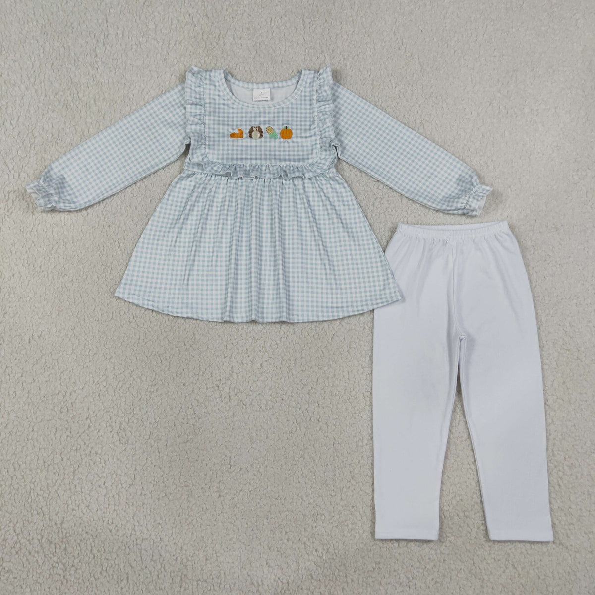 Sibling Baby Girls Embroidery Pumpkins Turkey Checked Tunic Pant Thanksgivings Sets Rompers