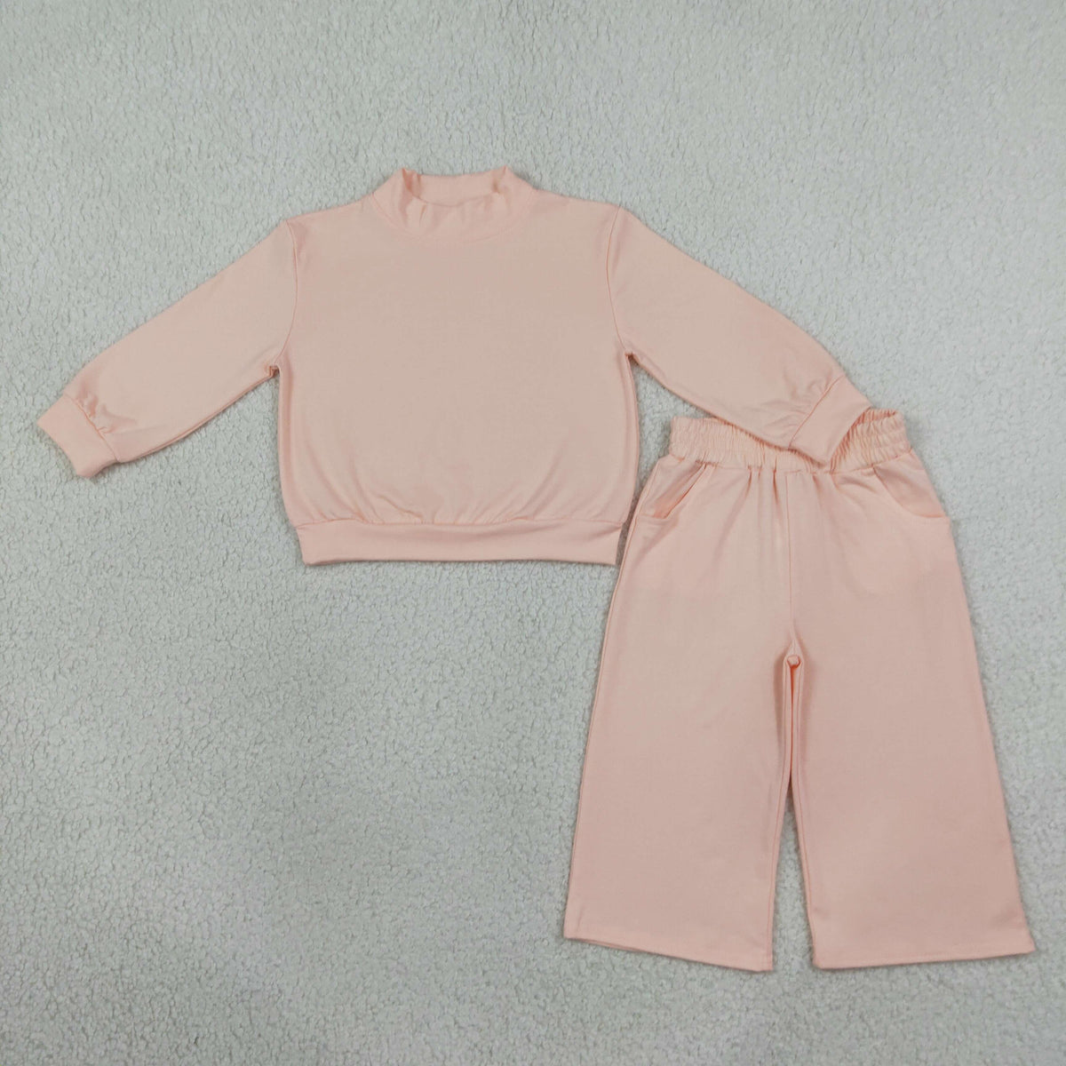 GLP3410 Baby Girls Light Pink Long Sleeve Choker Top Pockets Flare Pant Cotton Clothes Sets