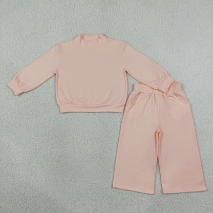 Mama and Me Girls Light Pink Long Sleeves Choker Shirts Pockets Flare Pant Clothes Sets
